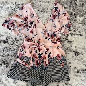 Blue Rain Pink and Black Floral Romper